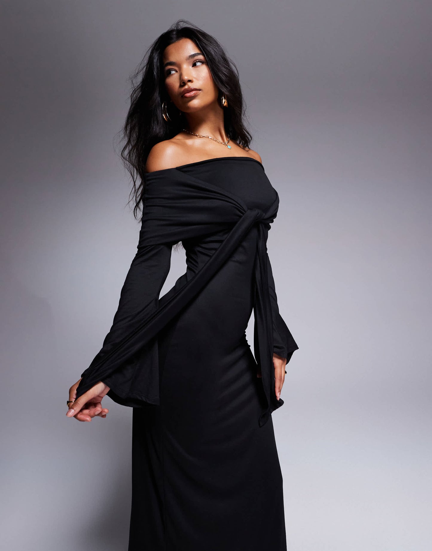 ASOS DESIGN supersoft long sleeve bardot with tie detail midi dress in black
