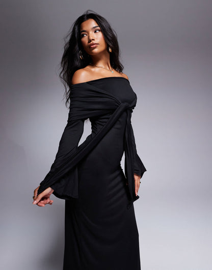 ASOS DESIGN supersoft long sleeve bardot with tie detail midi dress in black