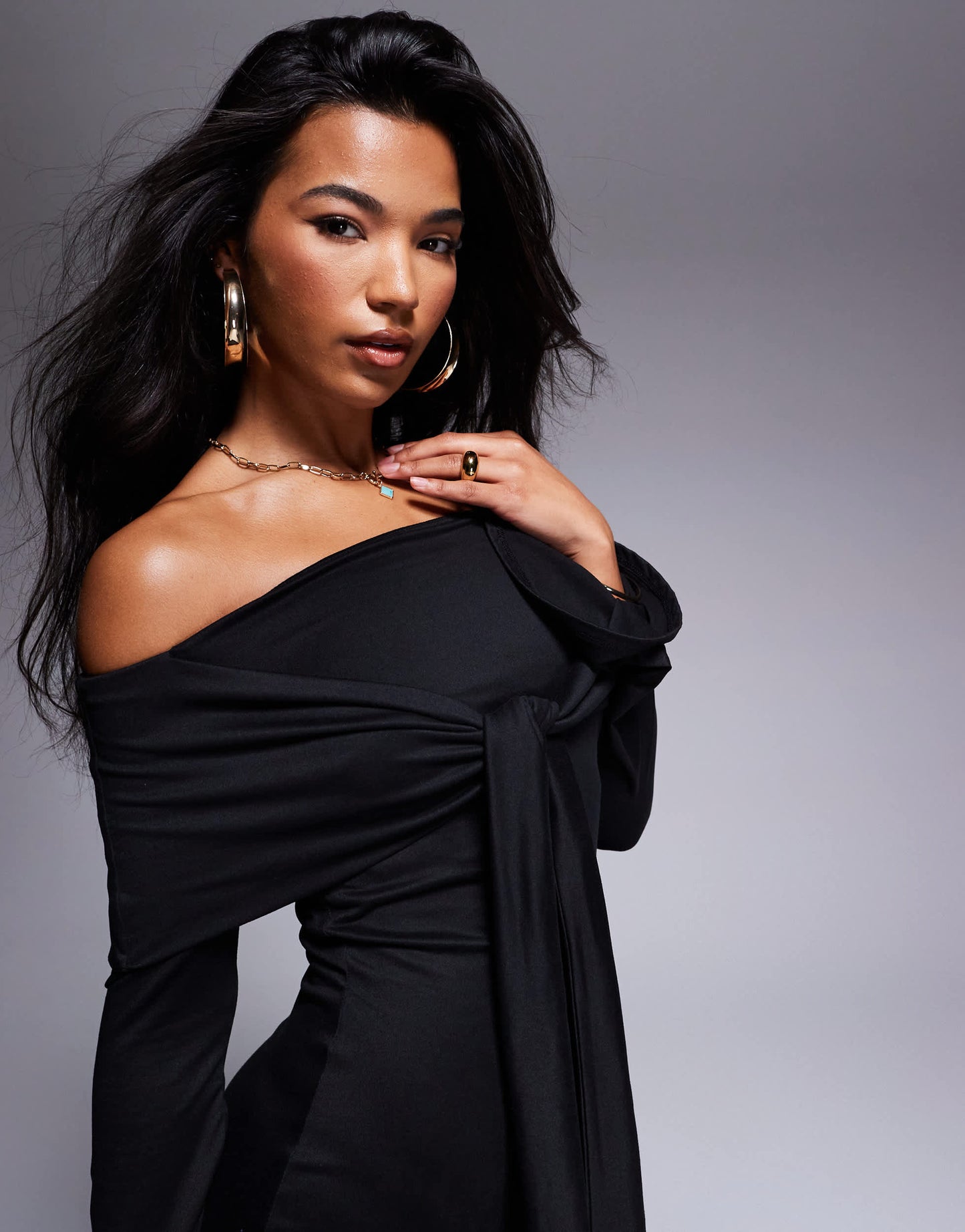 ASOS DESIGN supersoft long sleeve bardot with tie detail midi dress in black
