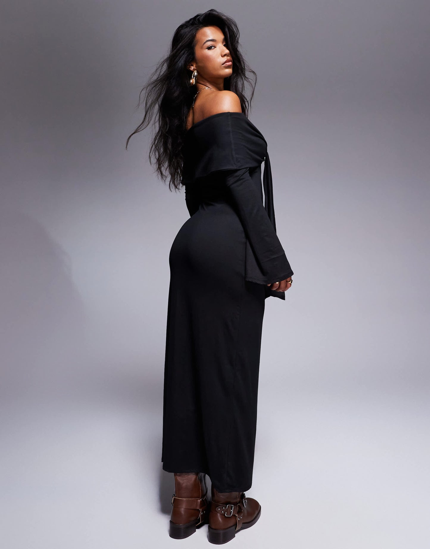 ASOS DESIGN supersoft long sleeve bardot with tie detail midi dress in black
