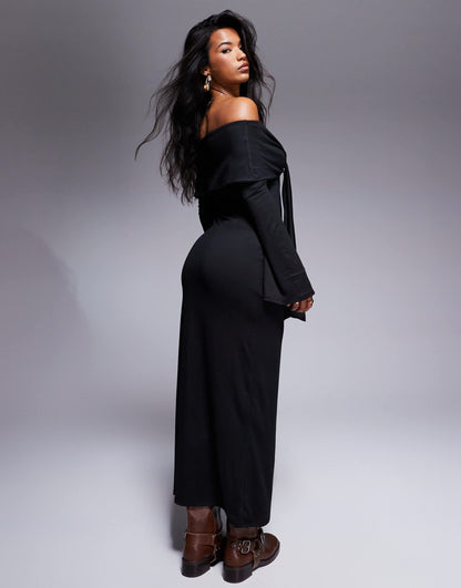 ASOS DESIGN supersoft long sleeve bardot with tie detail midi dress in black
