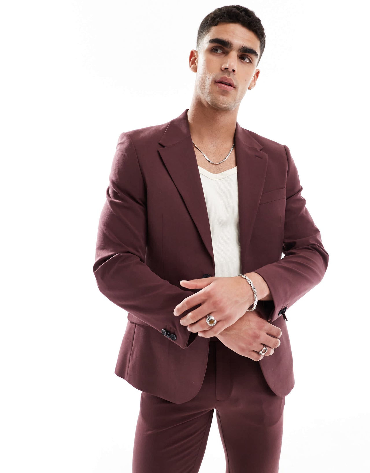 ASOS DESIGN four way stretch skinny suit jacket in burgundy
