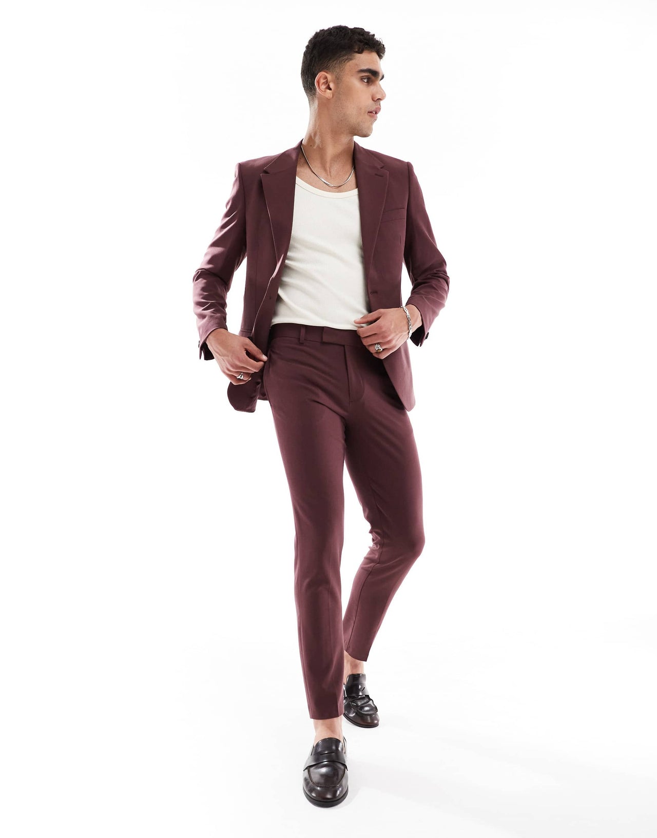 ASOS DESIGN four way stretch skinny suit jacket in burgundy