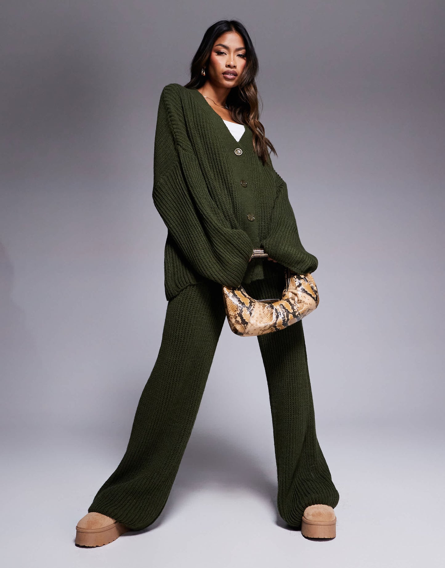 Missyempire knitted button down cardigan and trouser full set in khaki