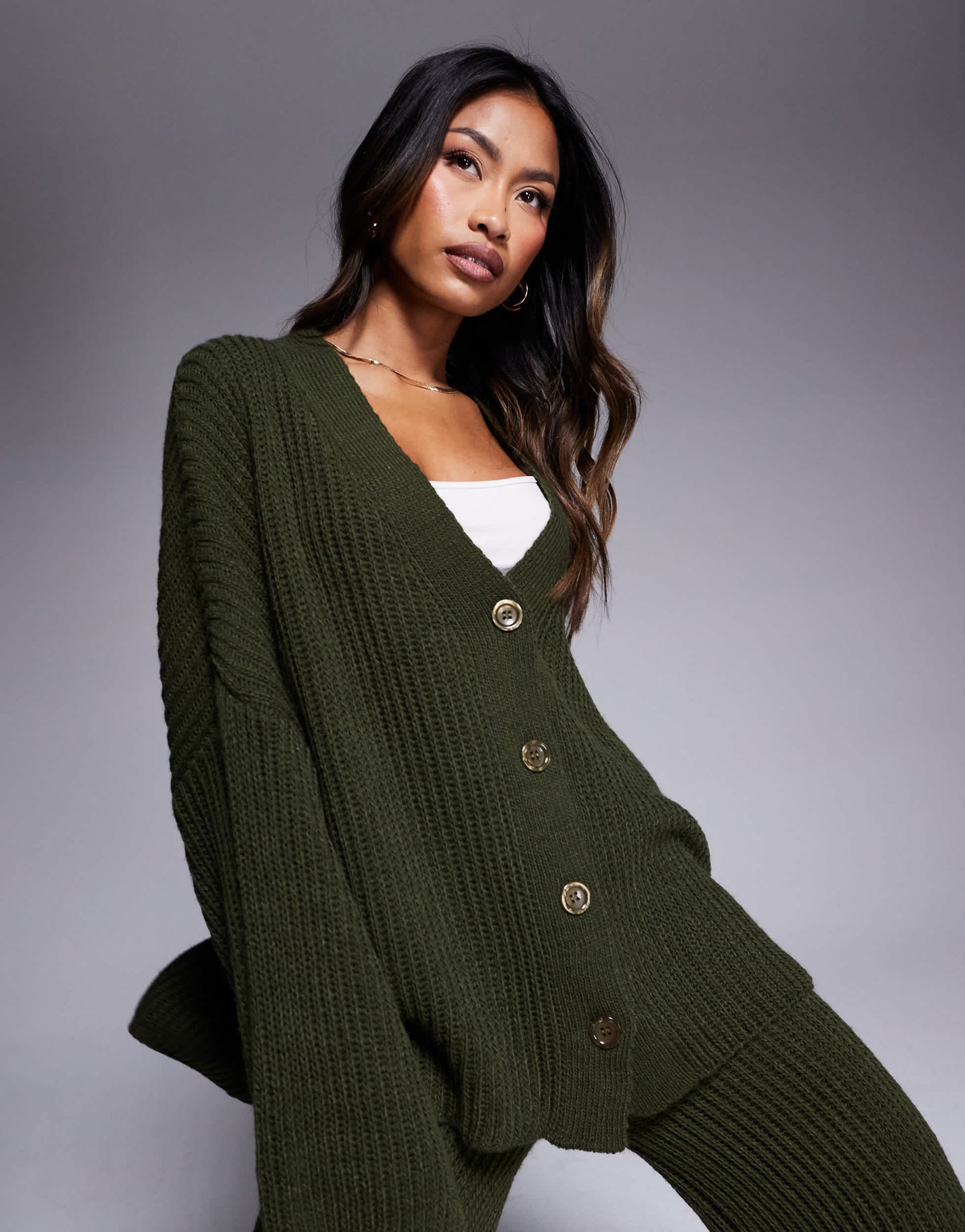 Missyempire knitted button down cardigan and trouser full set in khaki