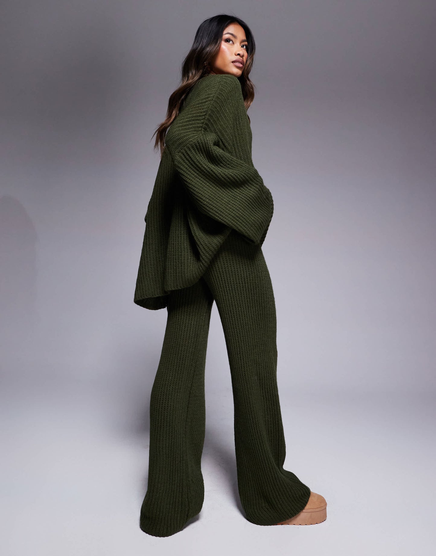 Missyempire knitted button down cardigan and trouser full set in khaki