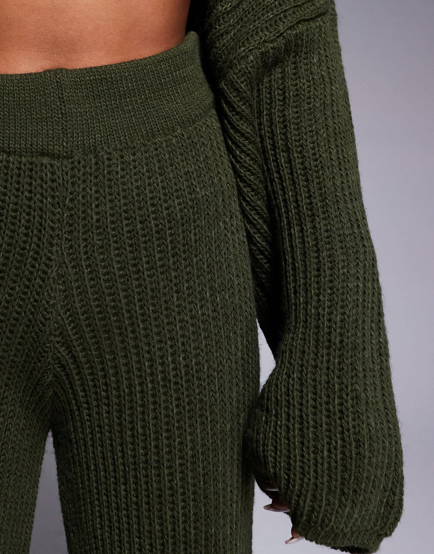 Missyempire knitted button down cardigan and trouser full set in khaki