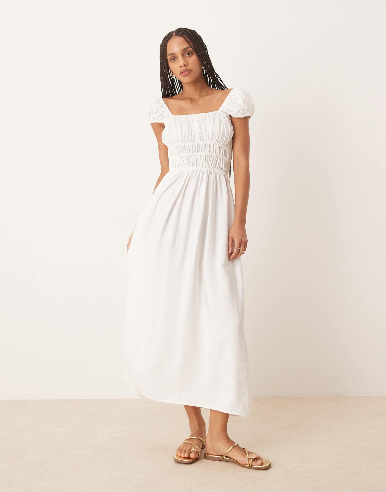 ASOS DESIGN square neck short sleeve midi dress with cinched channel waist in white