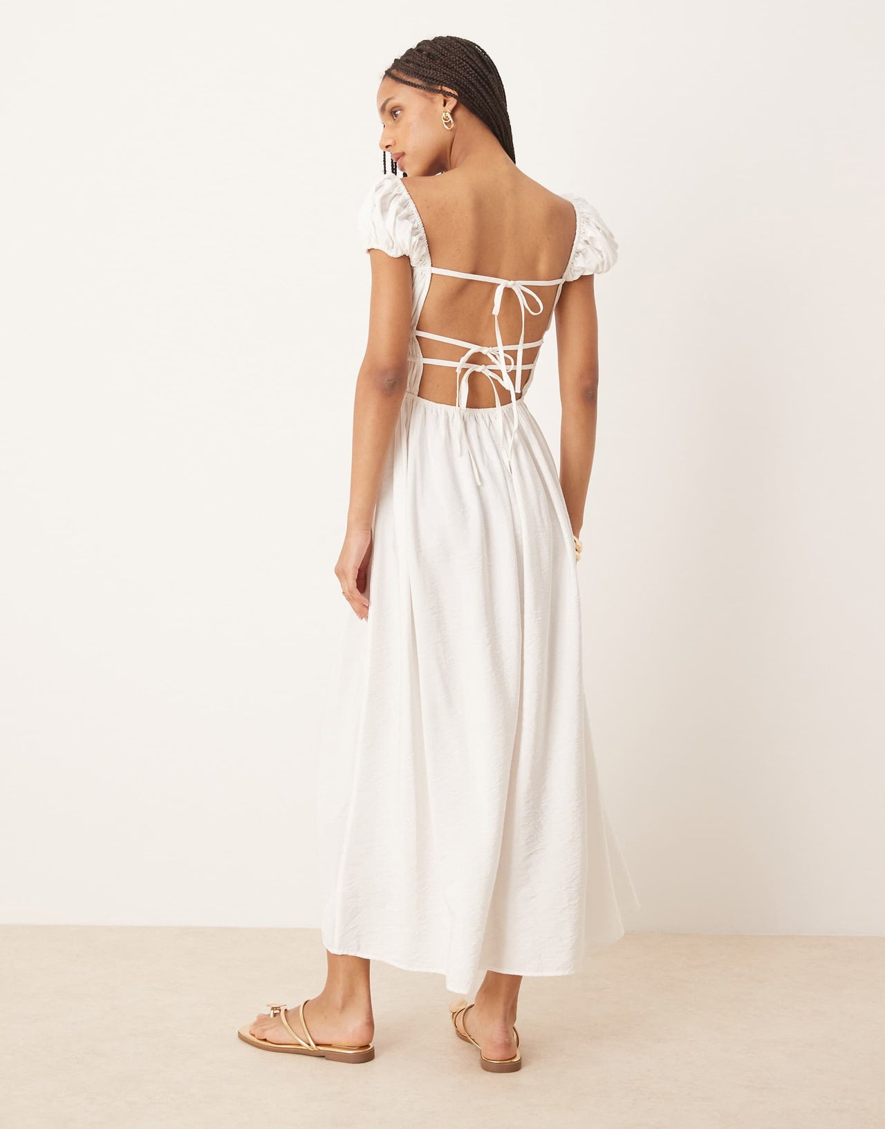 ASOS DESIGN square neck short sleeve midi dress with cinched channel waist in white