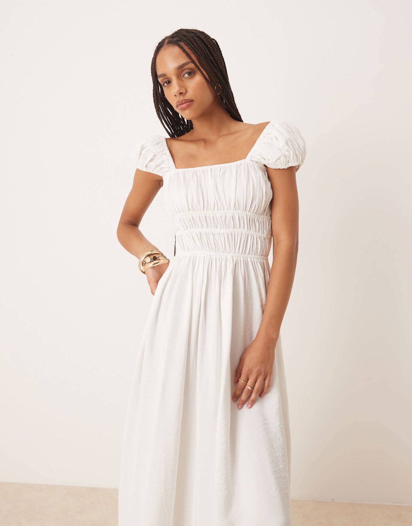 ASOS DESIGN square neck short sleeve midi dress with cinched channel waist in white