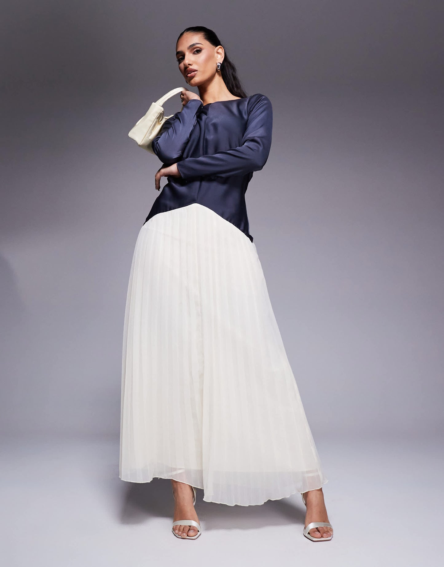 ASOS DESIGN colour block dropped waist pleated skirt maxi dress in navy and cream
