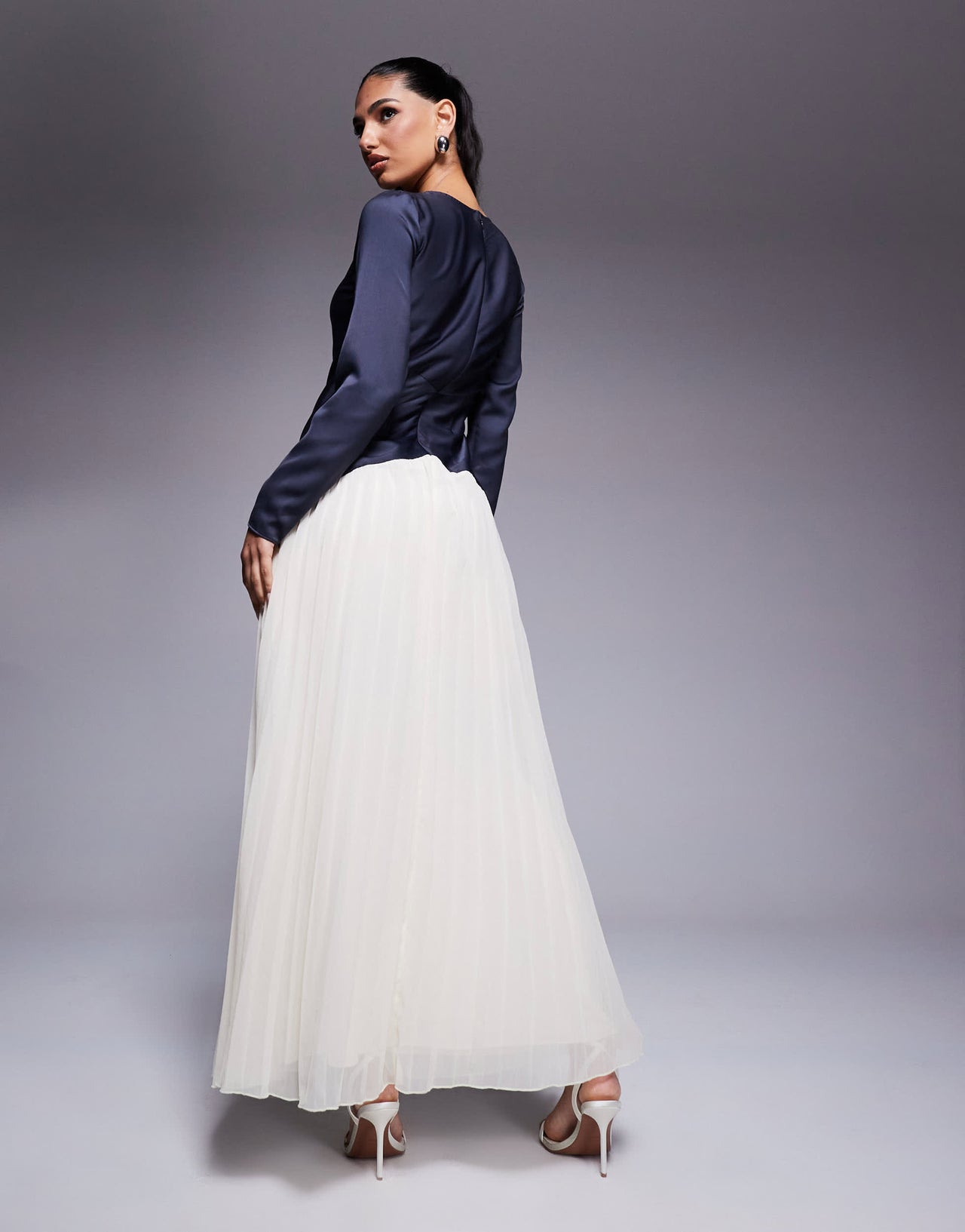 ASOS DESIGN colour block dropped waist pleated skirt maxi dress in navy and cream