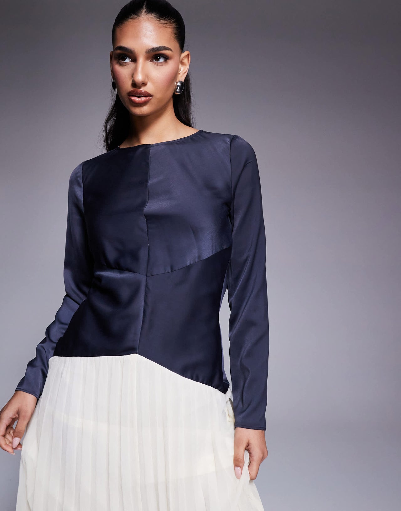 ASOS DESIGN colour block dropped waist pleated skirt maxi dress in navy and cream