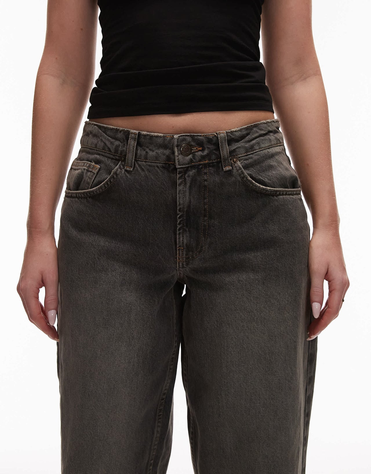Topshop Hourglass Cinch low rise relaxed jean in dark vintage grey