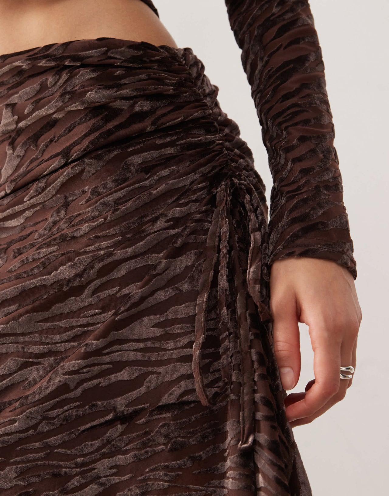COLLUSION tie side awkward length skirt in brown devore co-ord