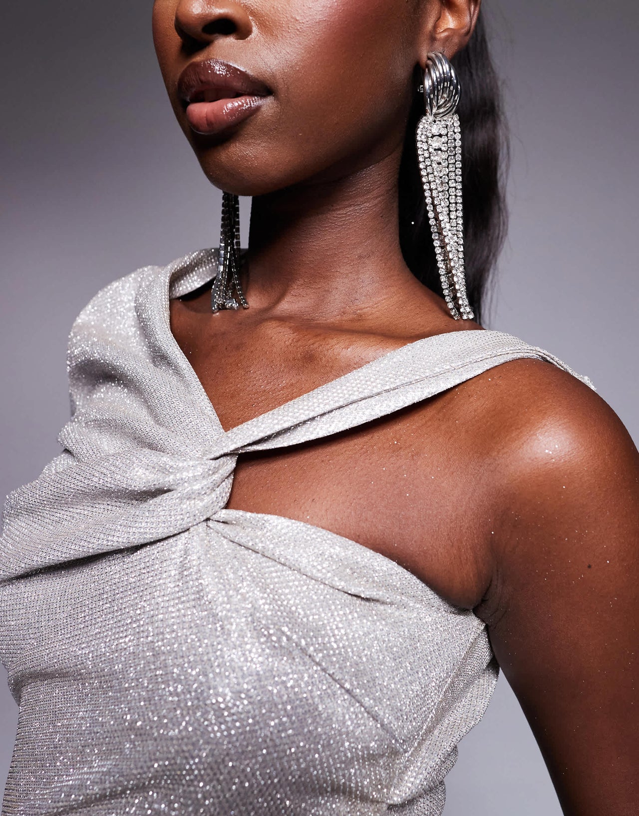 ASOS DESIGN shimmer knit asymmetric knot neck detail mini dress in silver