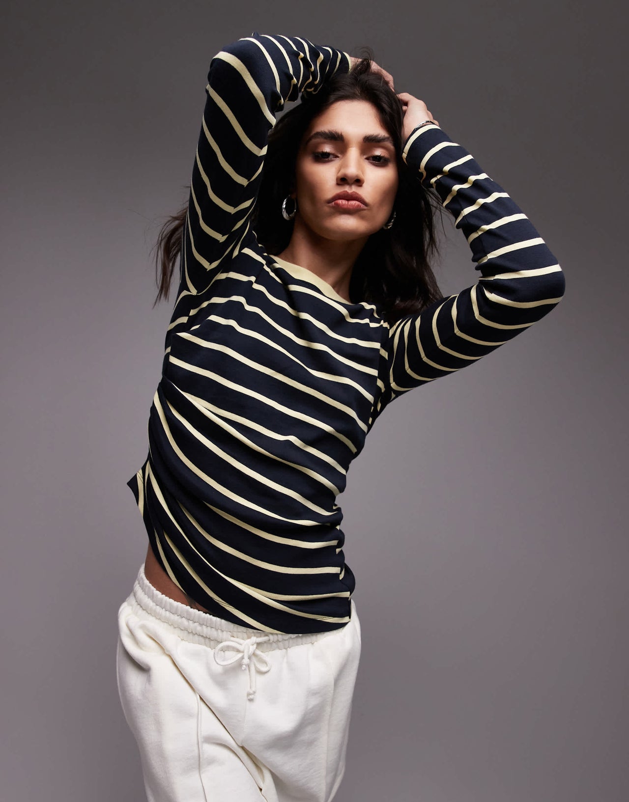 Topshop stripe hitched side long sleeve top in multi