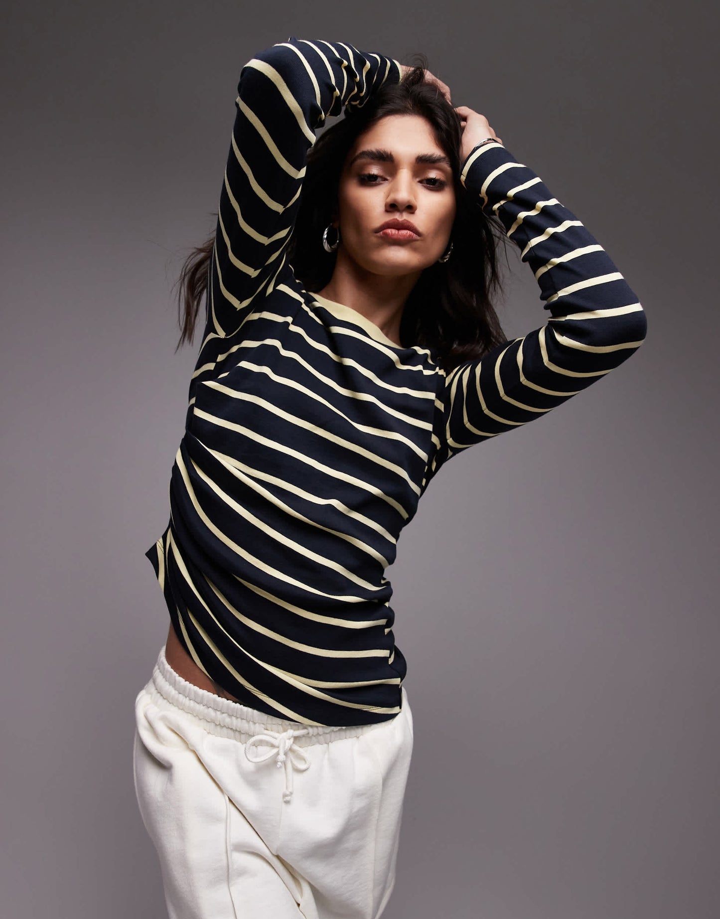 Topshop stripe hitched side long sleeve top in multi