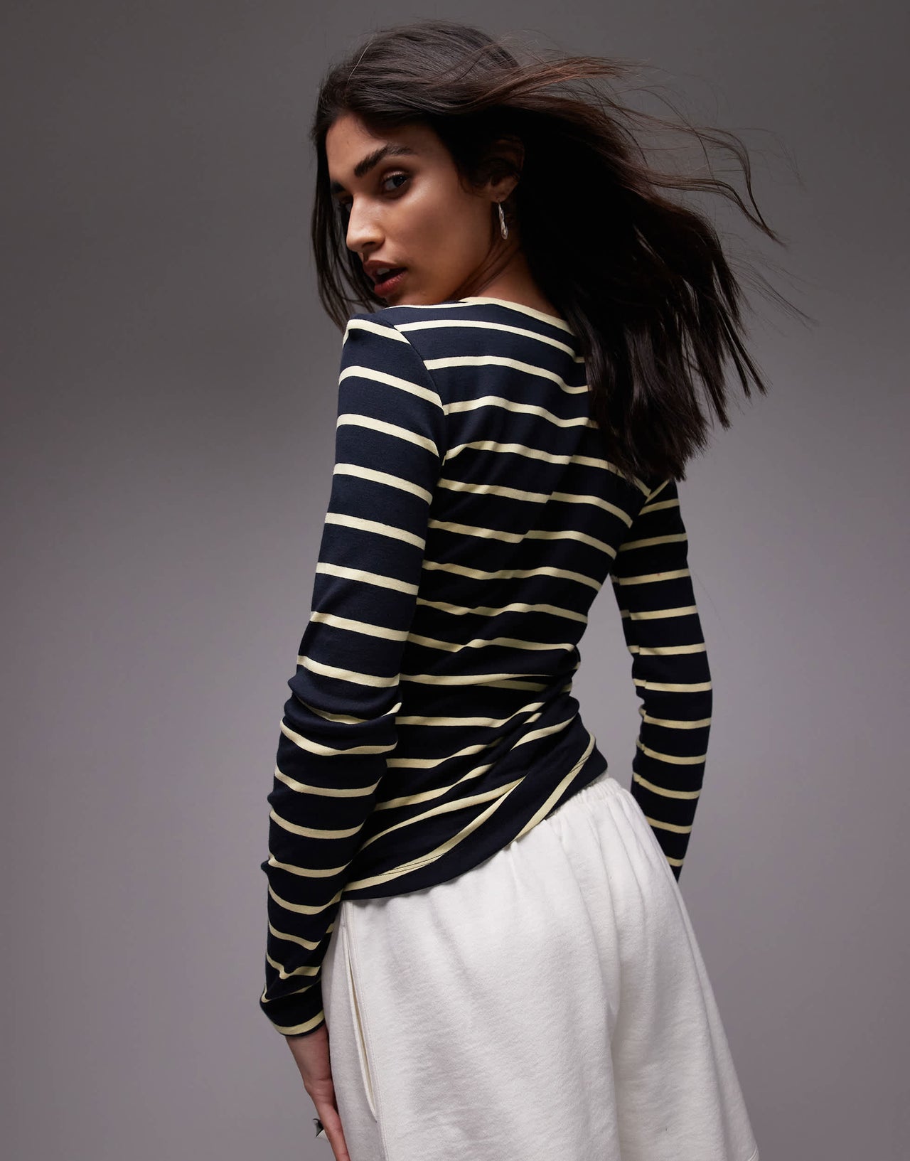 Topshop stripe hitched side long sleeve top in multi