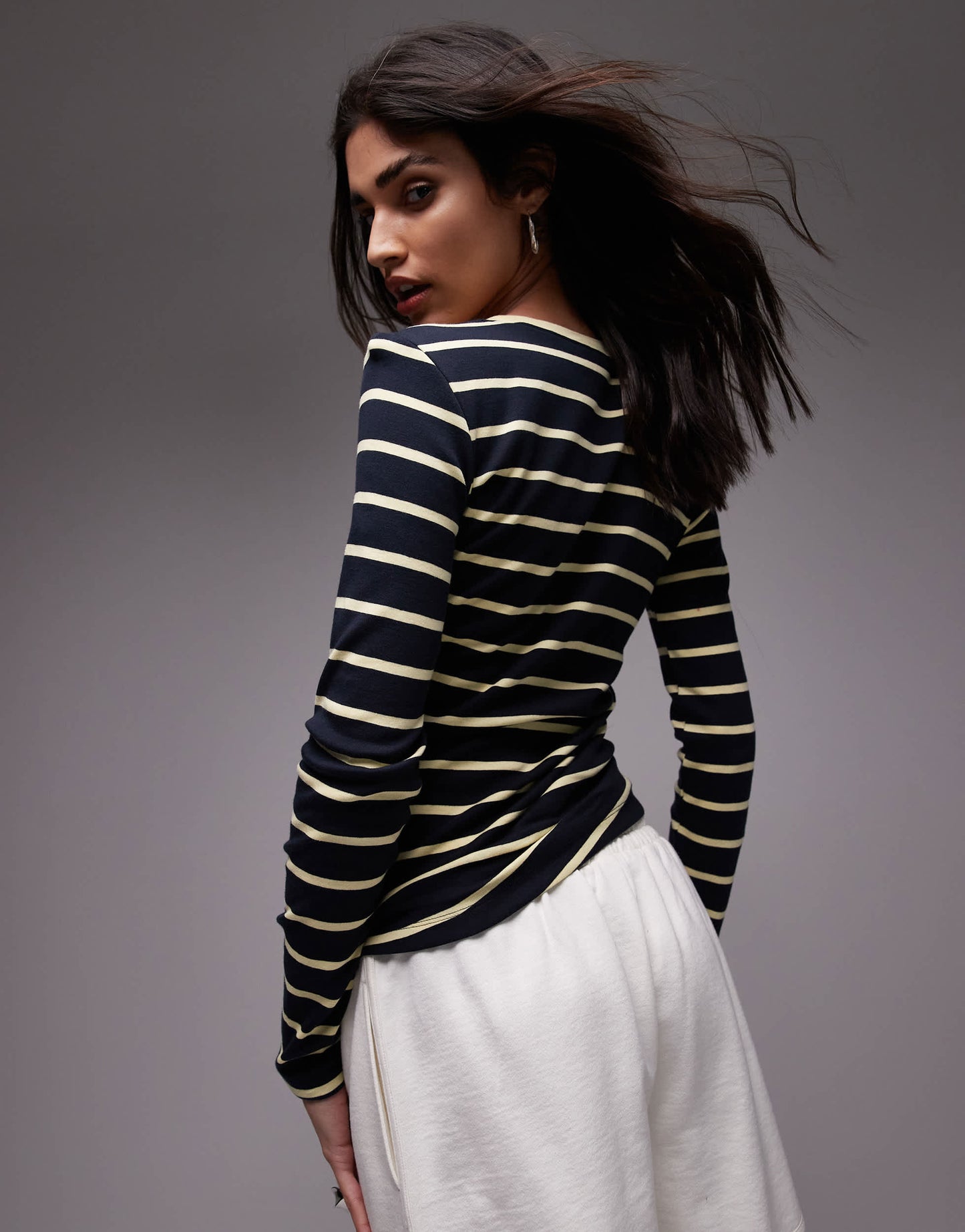 Topshop stripe hitched side long sleeve top in multi