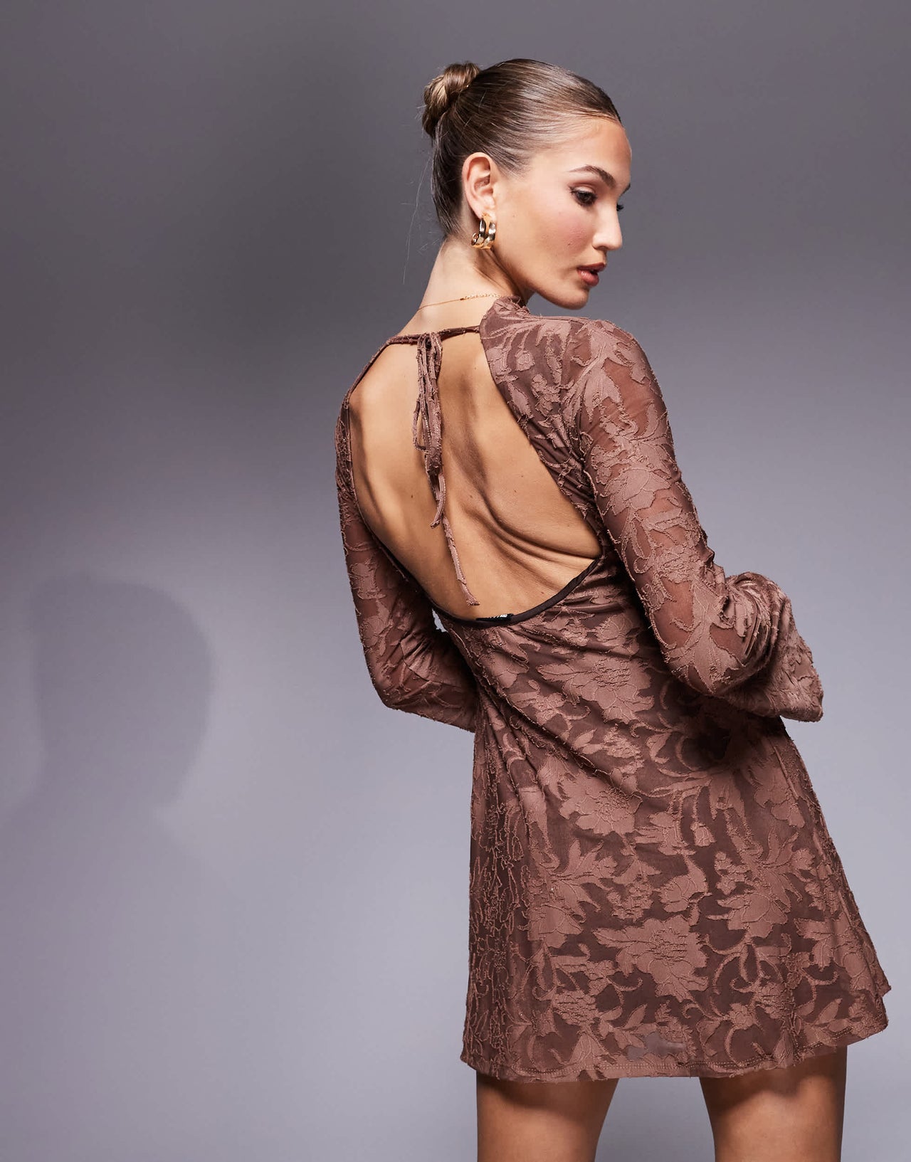 ASOS DESIGN long sleeve mini dress with high neck and open back in brown devore