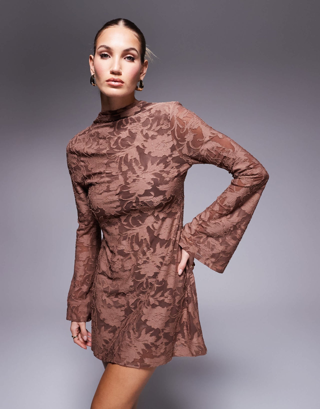 ASOS DESIGN long sleeve mini dress with high neck and open back in brown devore