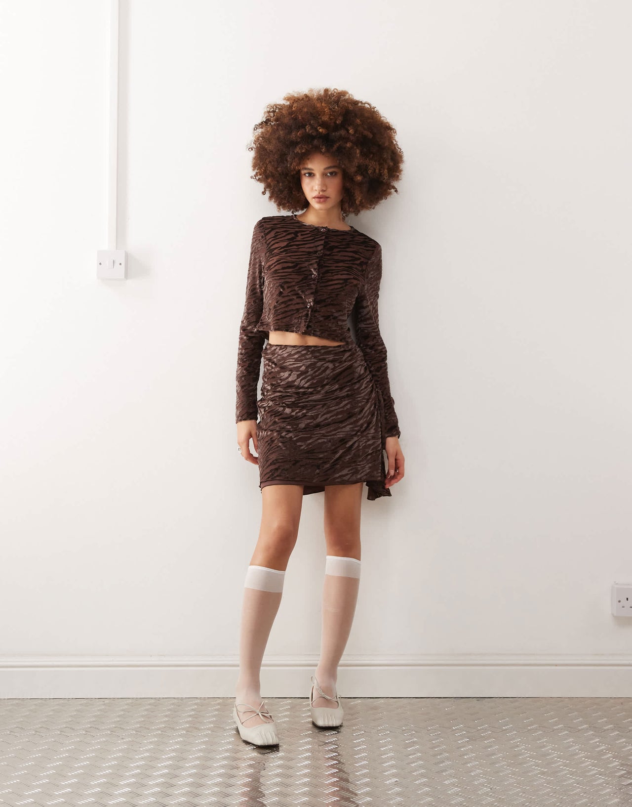 COLLUSION fitted button through top in brown devore co-ord