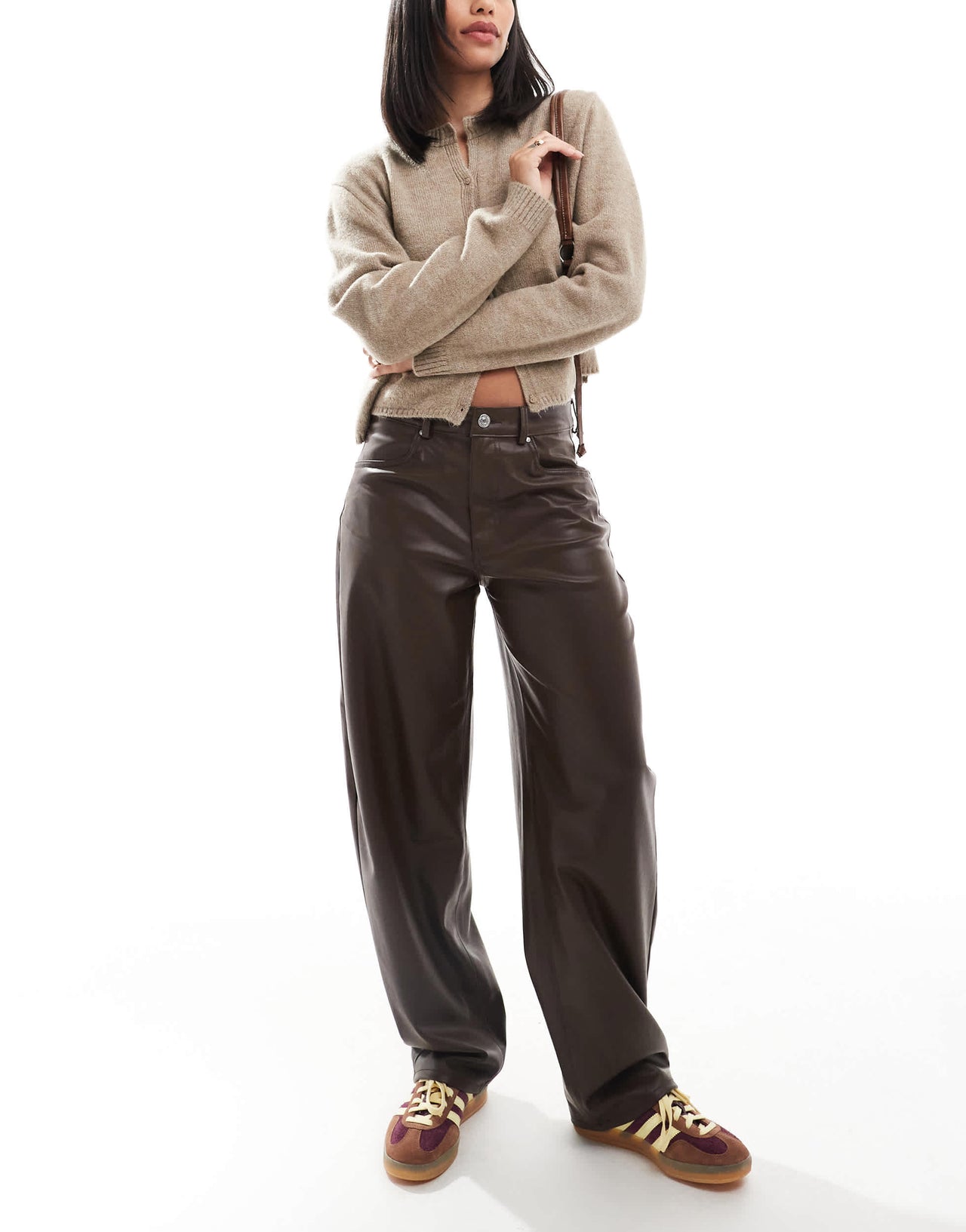 Pull&Bear straight leg faux leather trouser in brown