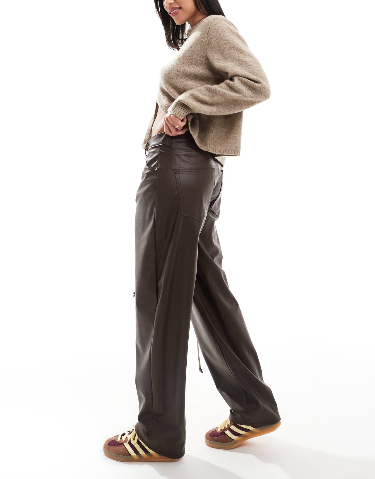 Pull&Bear straight leg faux leather trouser in brown