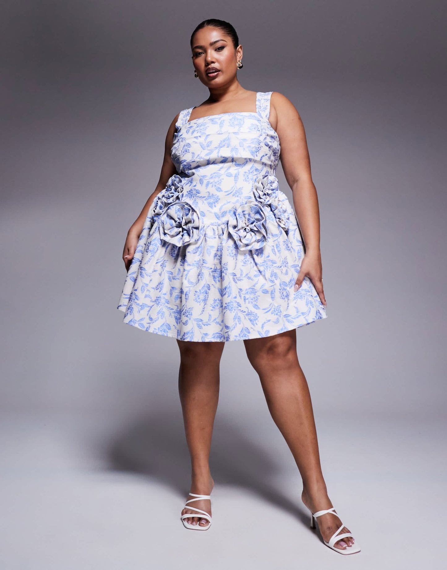 ASOS LUXE Curve jacquard pleated bust mini skater dress with corsages in tapestry floral