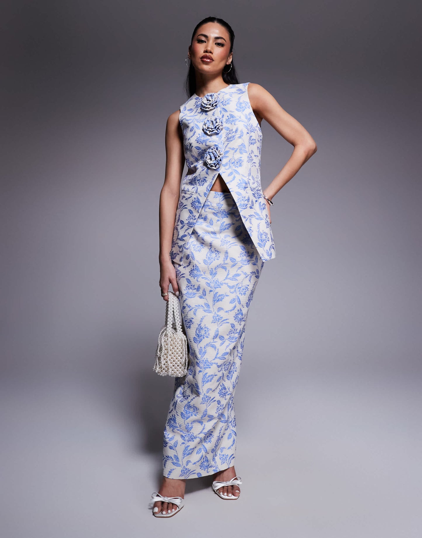 ASOS LUXE co-ord jacquard waist coat with 3D flowers in blue tapestry floral