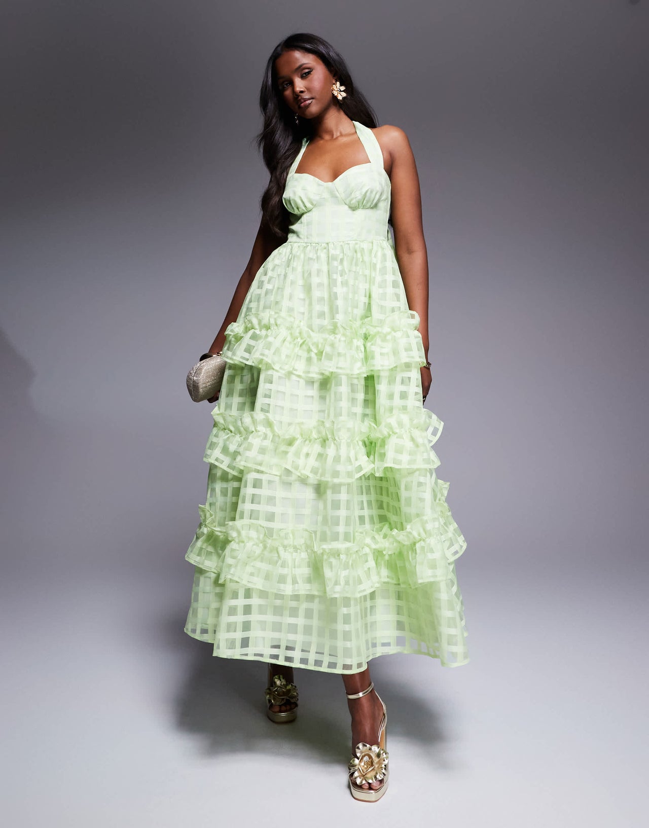ASOS LUXE textured organza check halter maxi dress in bright green