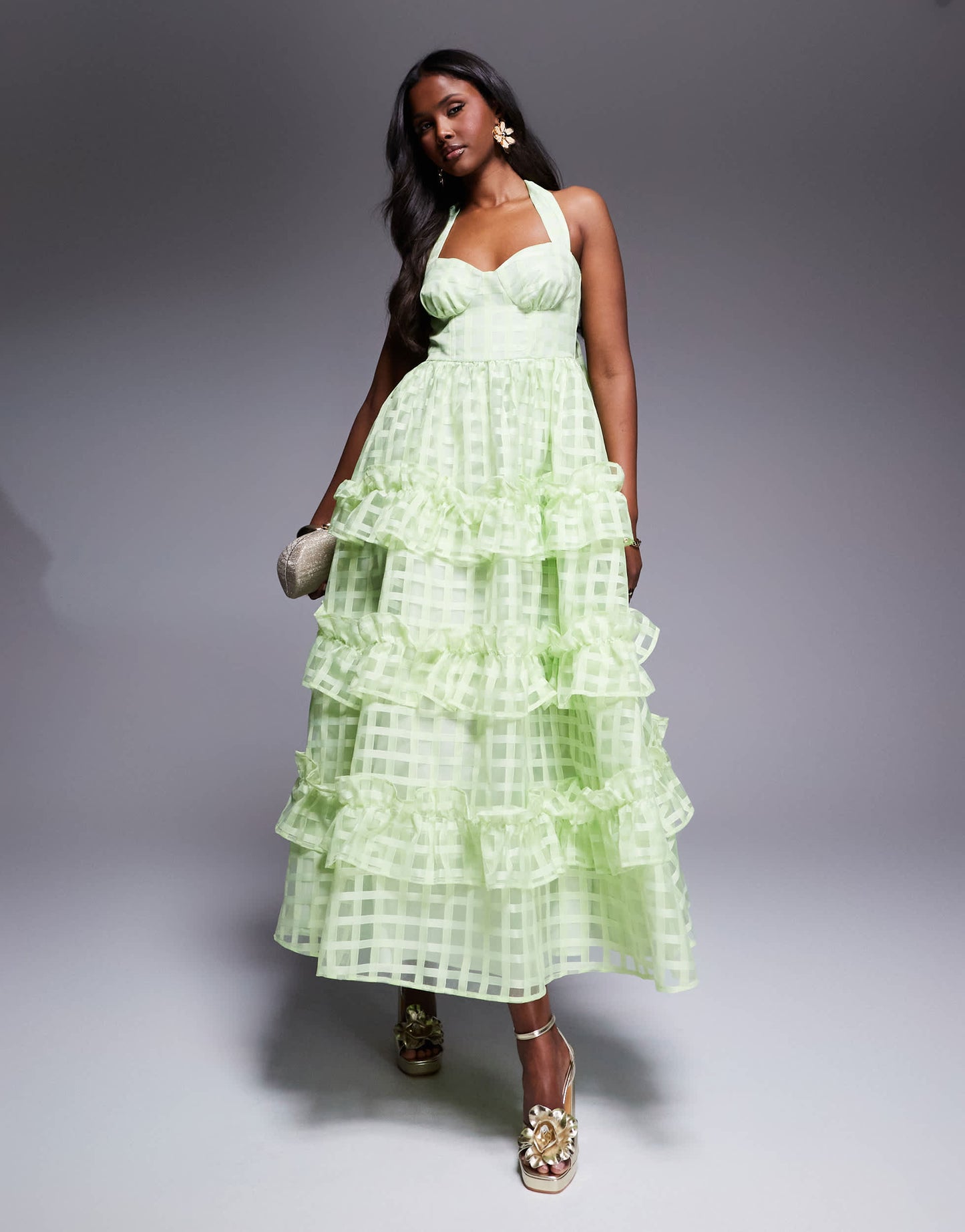 ASOS LUXE textured organza check halter maxi dress in bright green