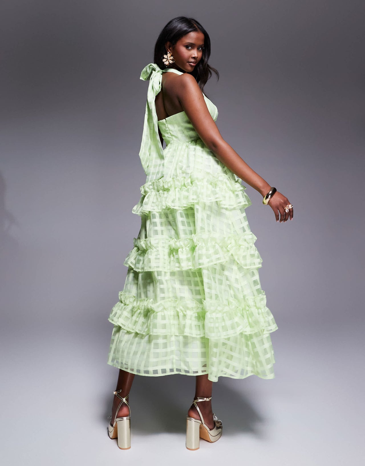 ASOS LUXE textured organza check halter maxi dress in bright green