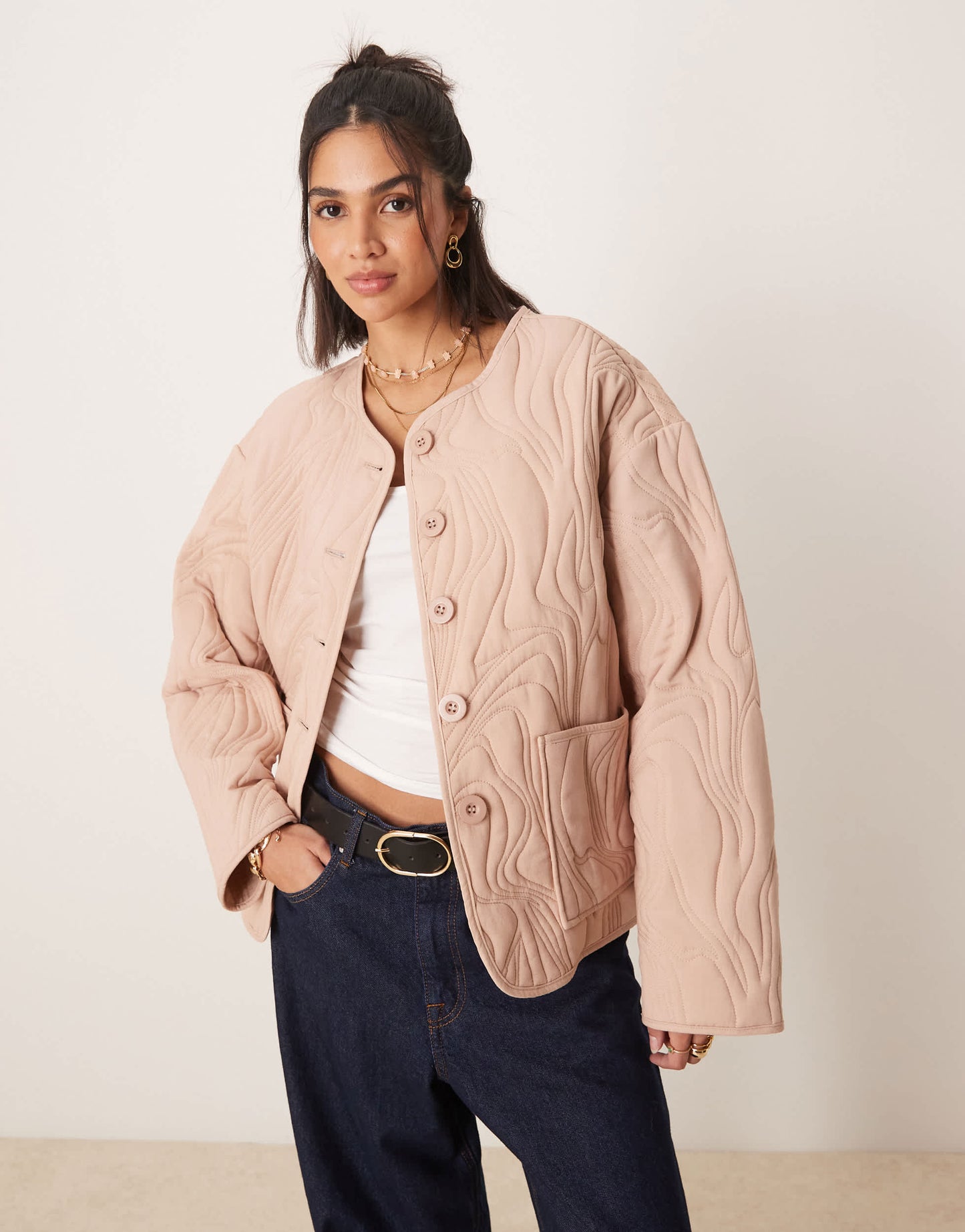ASOS DESIGN textured quilted cotton jacket in pale pink