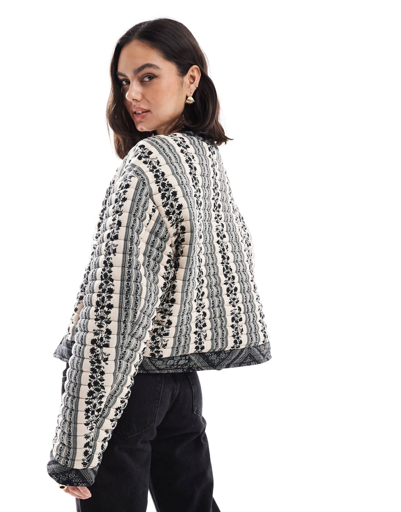 ASOS DESIGN cropped quilted jacket in patchwork in black and white floral