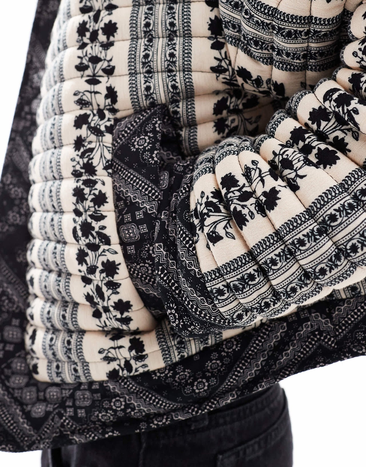 ASOS DESIGN cropped quilted jacket in patchwork in black and white floral