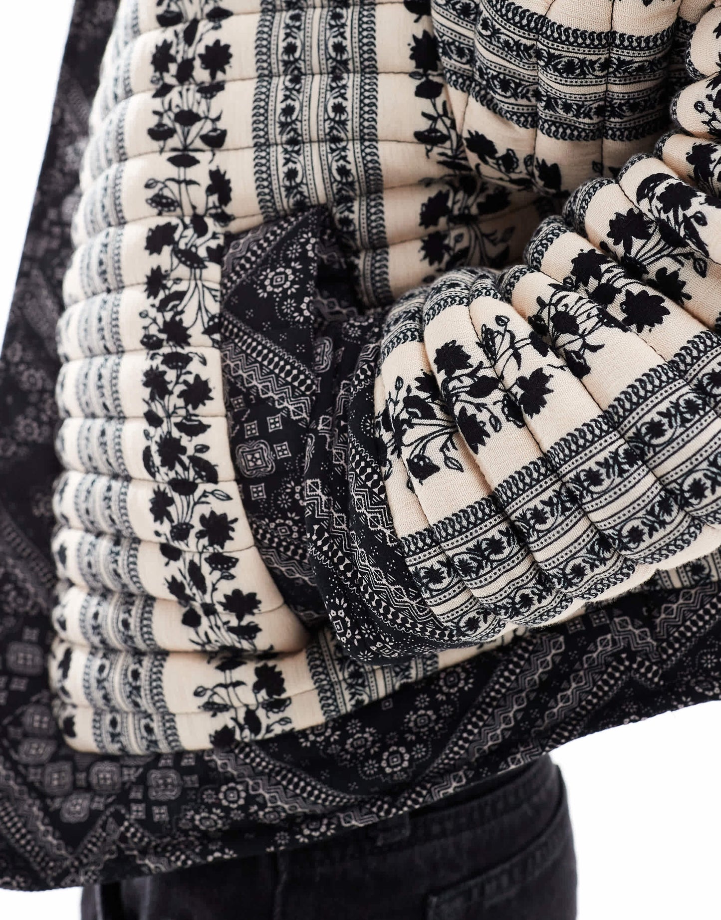 ASOS DESIGN cropped quilted jacket in patchwork in black and white floral