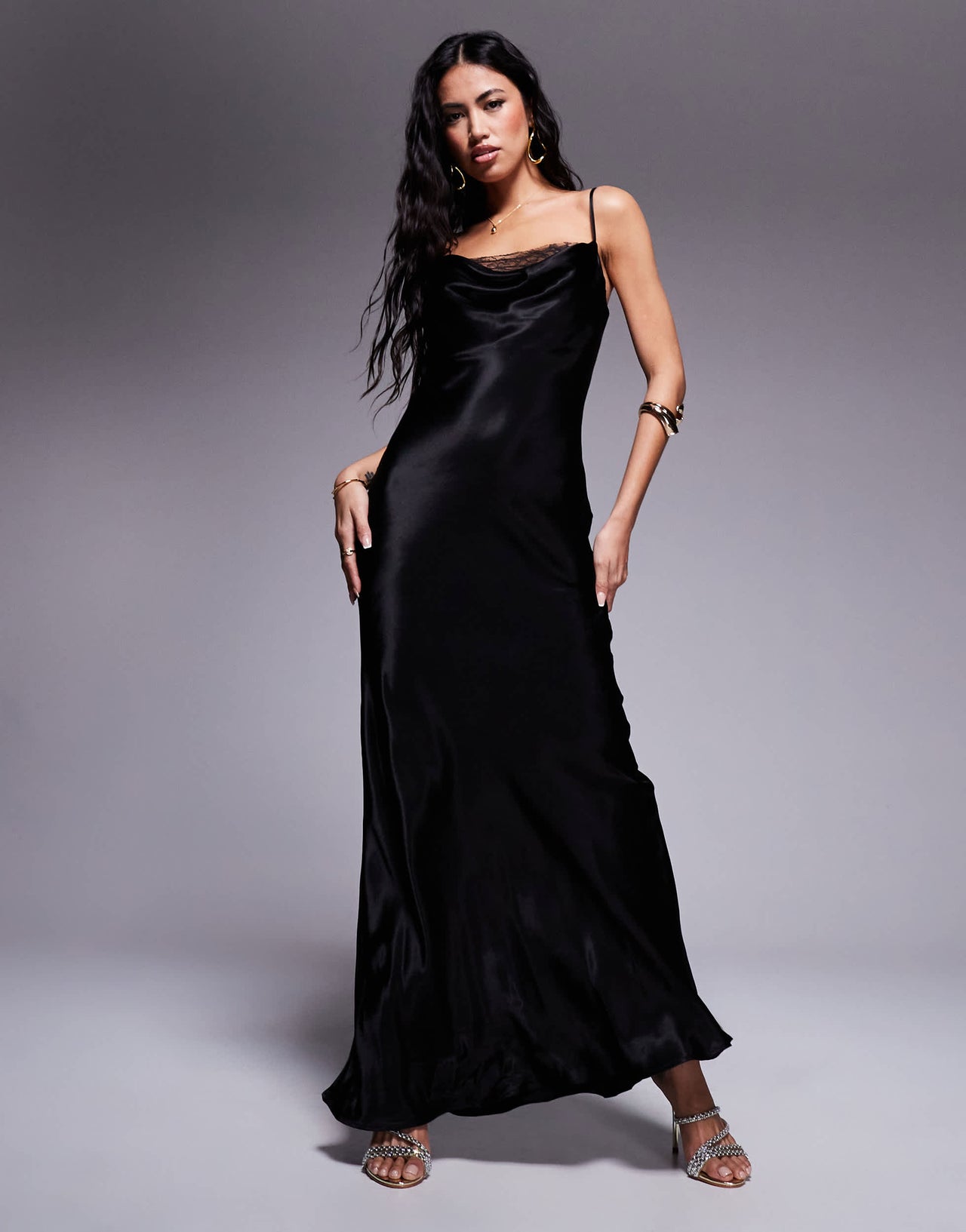 ASOS DESIGN satin cowl lace insert maxi dress in black