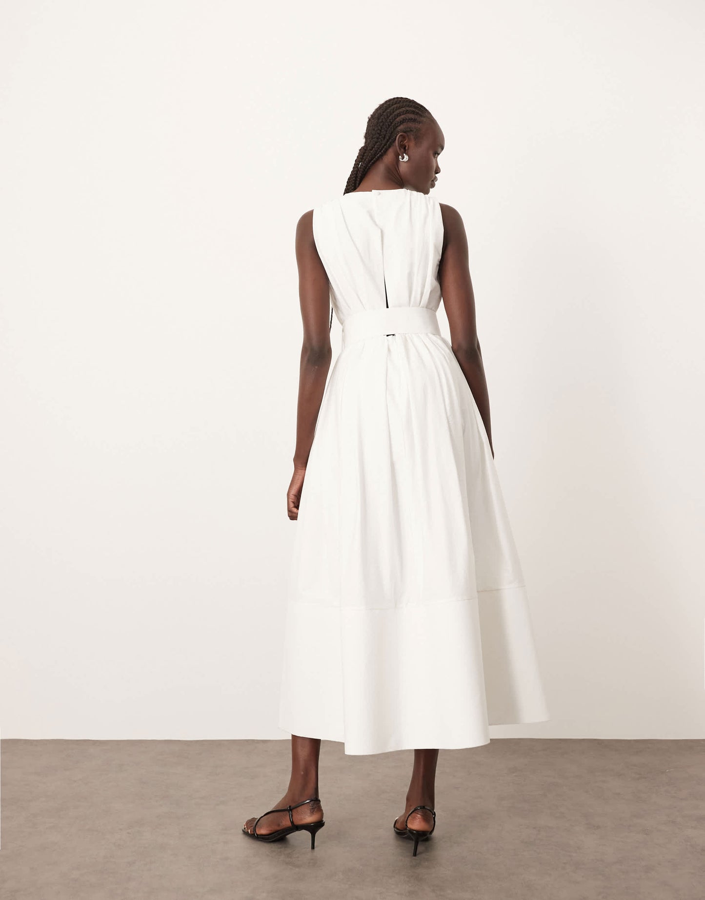 ARRANGE premium textured midi dress with v front in white