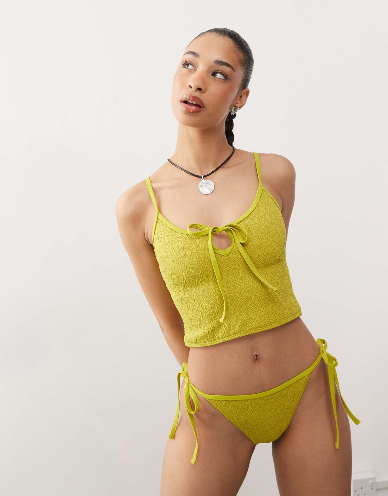 Reclaimed Vintage tie side bikini bottom in green paisley texture