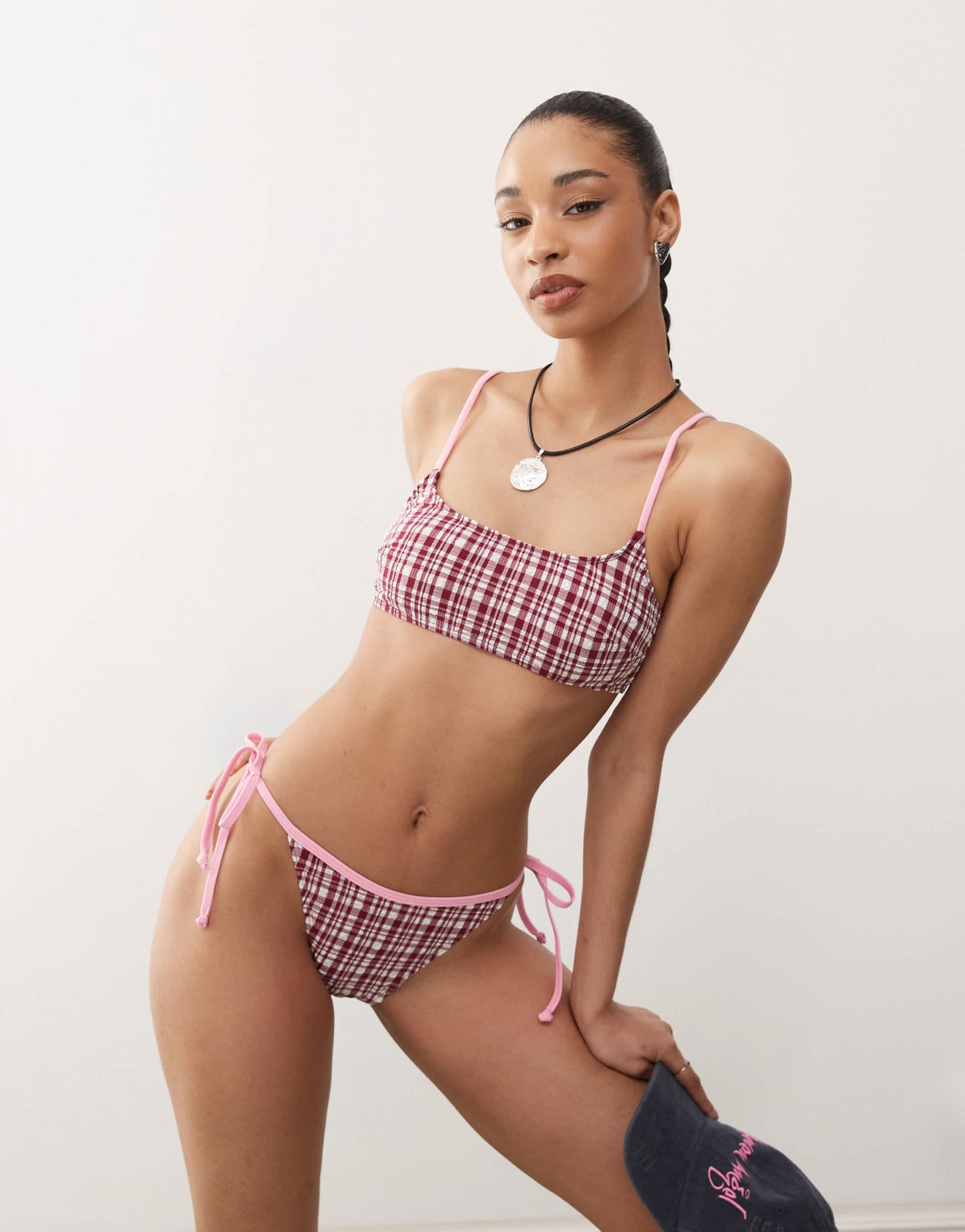 Reclaimed Vintage tie side bikini bottom in pink seersucker gingham