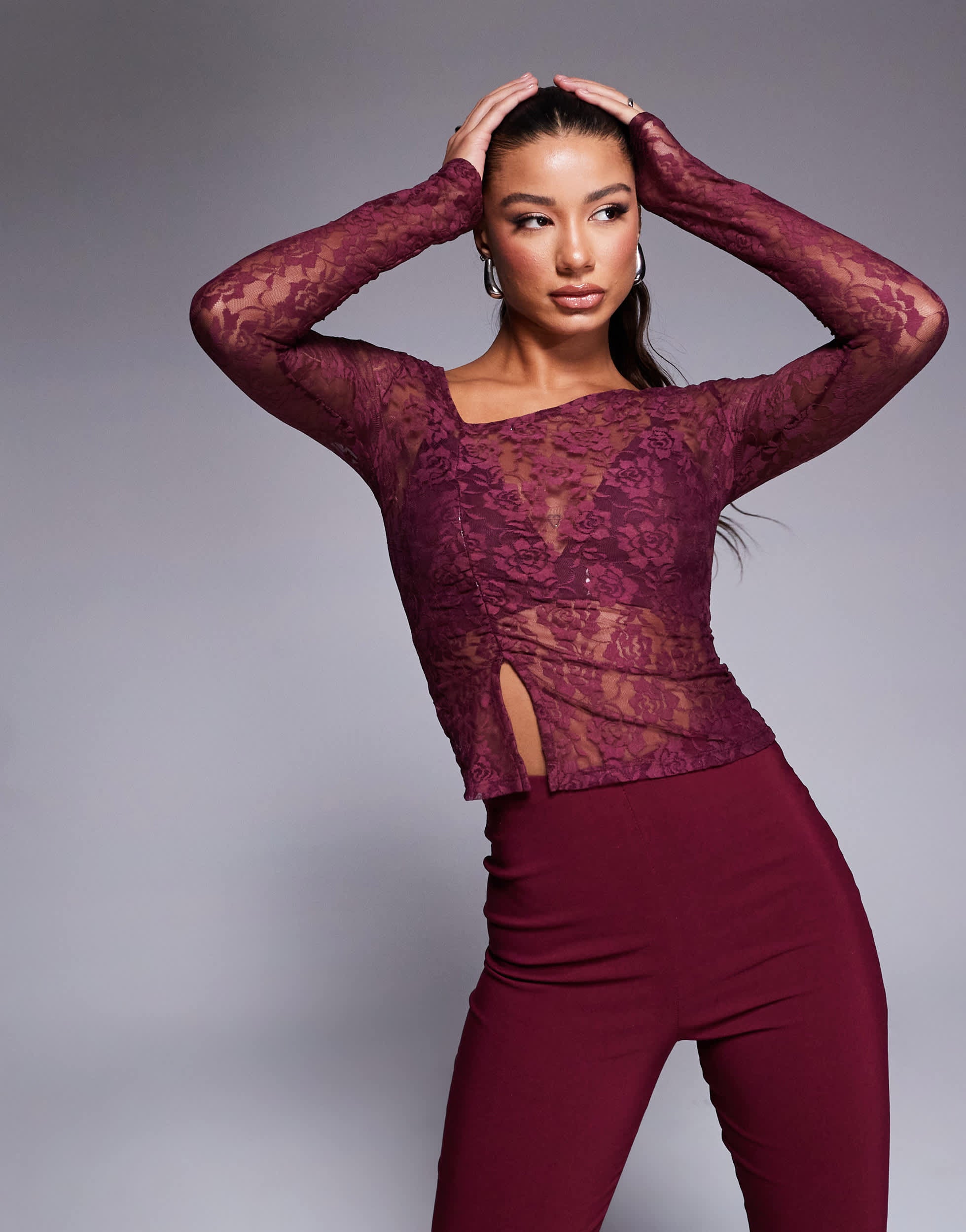 ASOS DESIGN sheer lace asymmetric top in burgundy