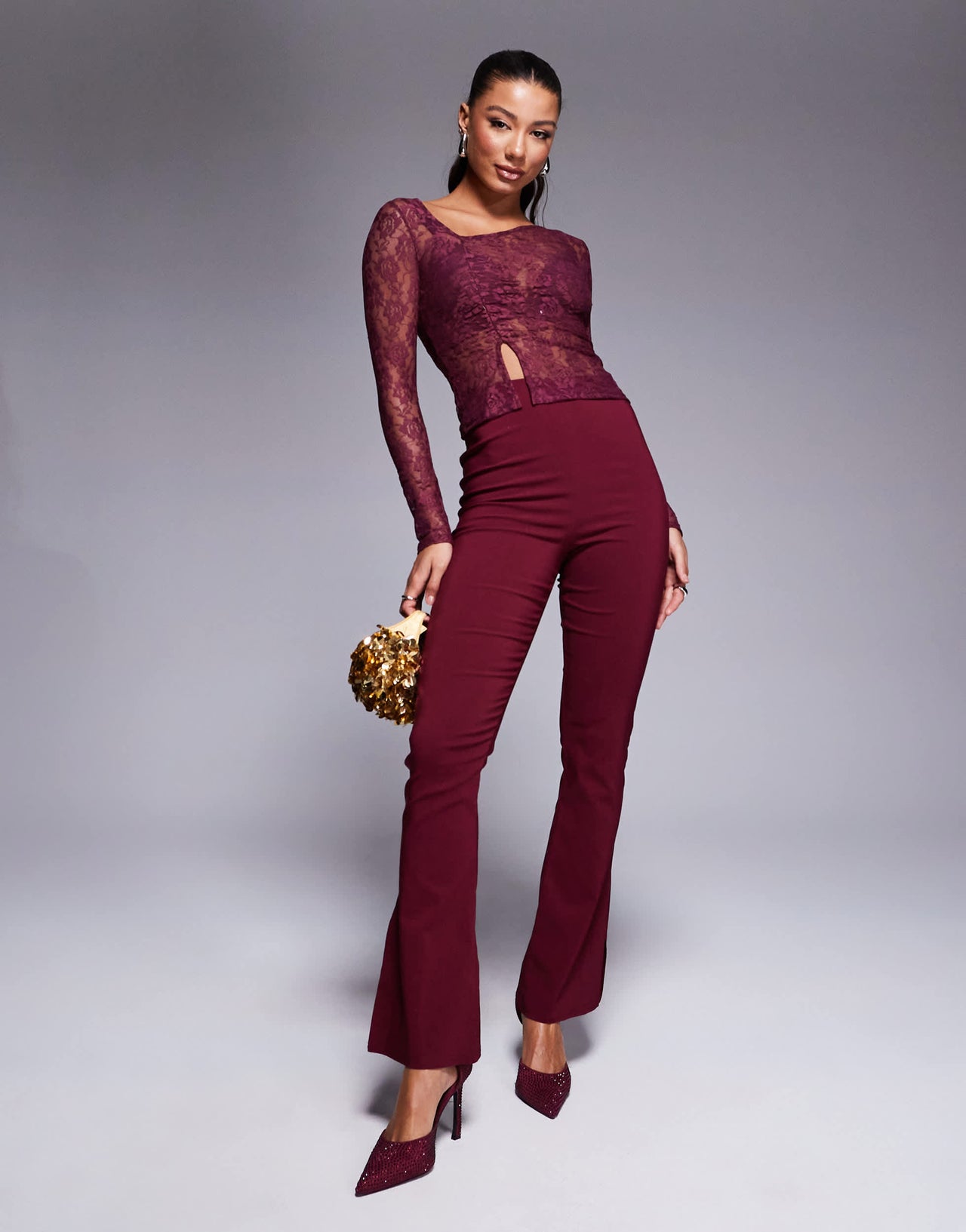 ASOS DESIGN sheer lace asymmetric top in burgundy