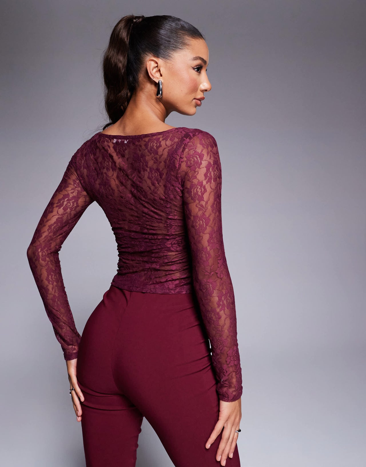 ASOS DESIGN sheer lace asymmetric top in burgundy