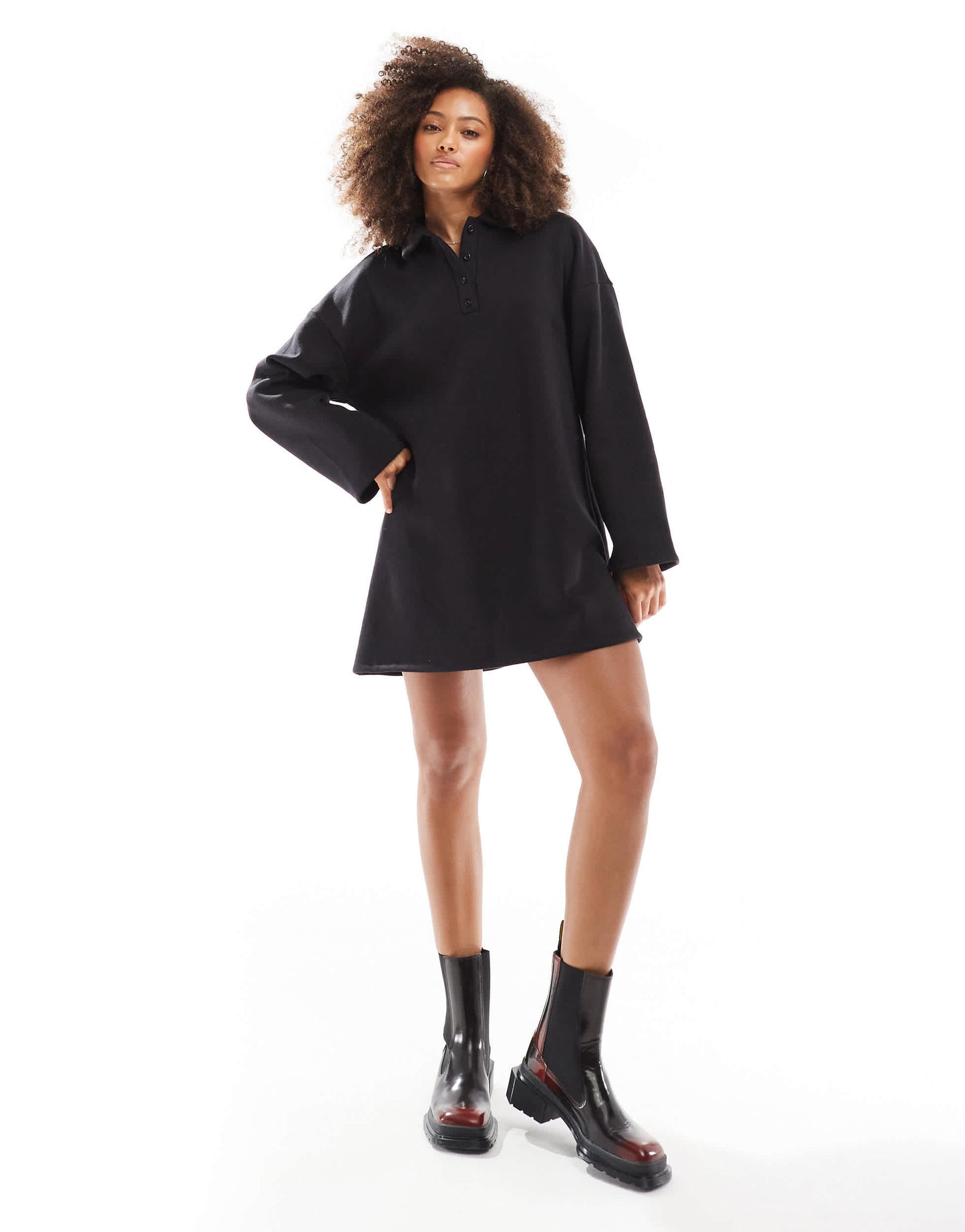 ASOS DESIGN long sleeeve rugby collar mini dress in black