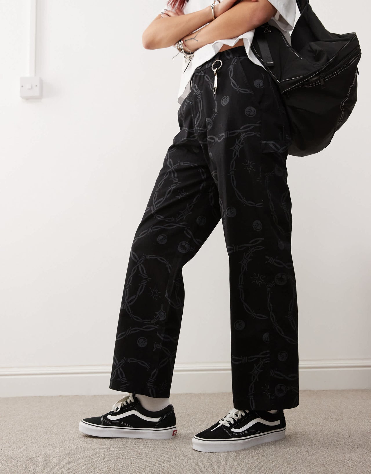 Santa Cruz carpenter trousers in black tonal print