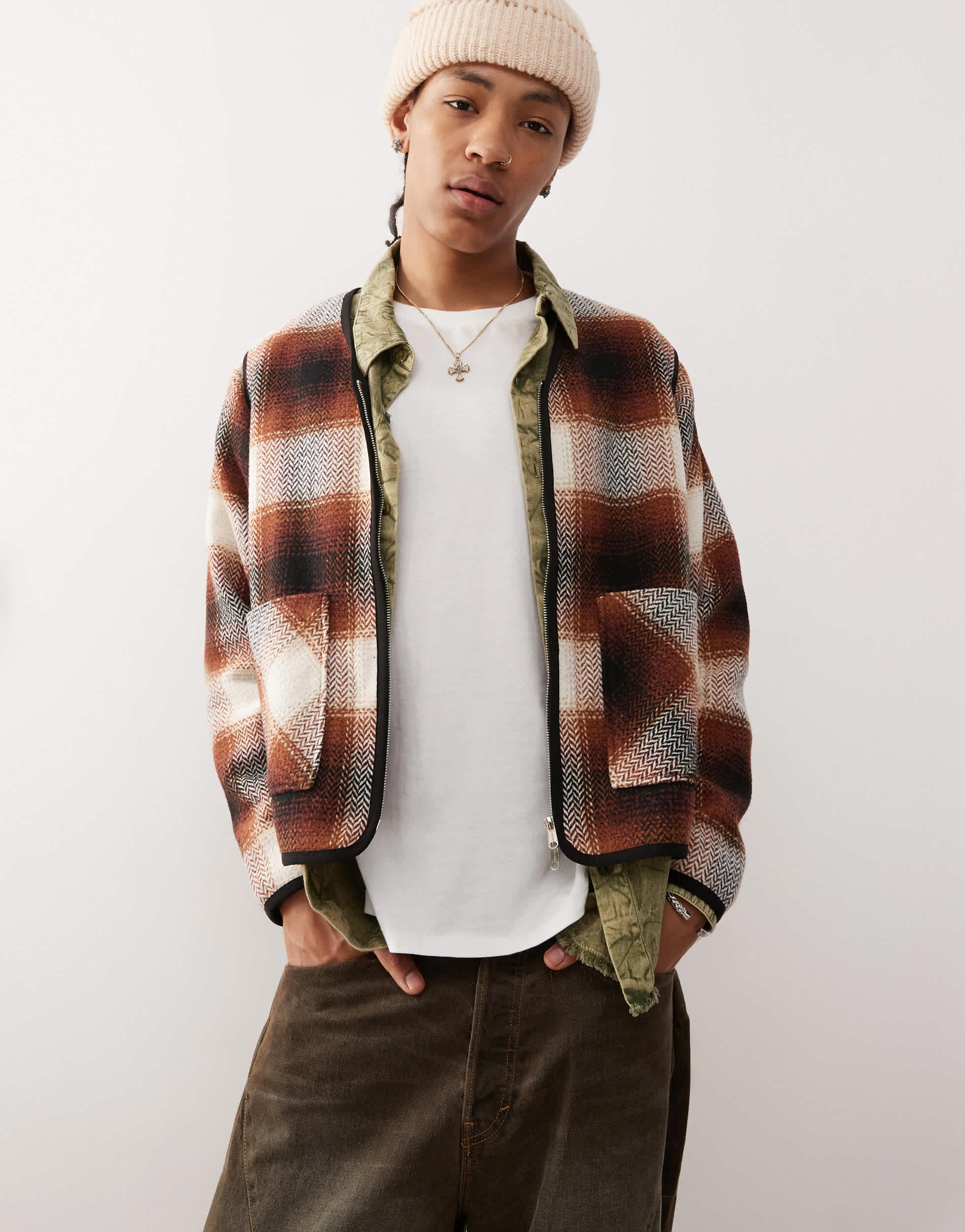 Santa Cruz check jacket with detachable arms in brown