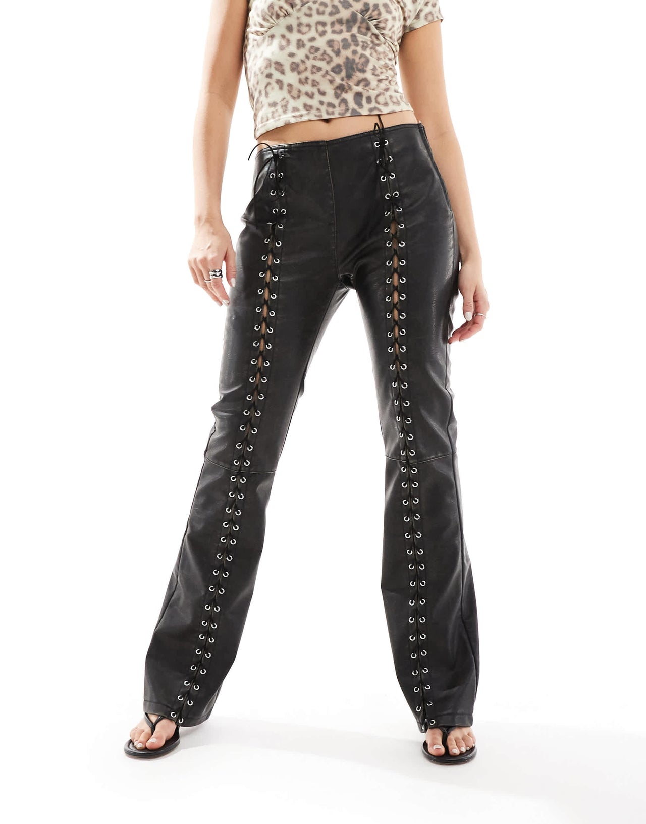 Pull&Bear corset detail faux leather trouser in brown