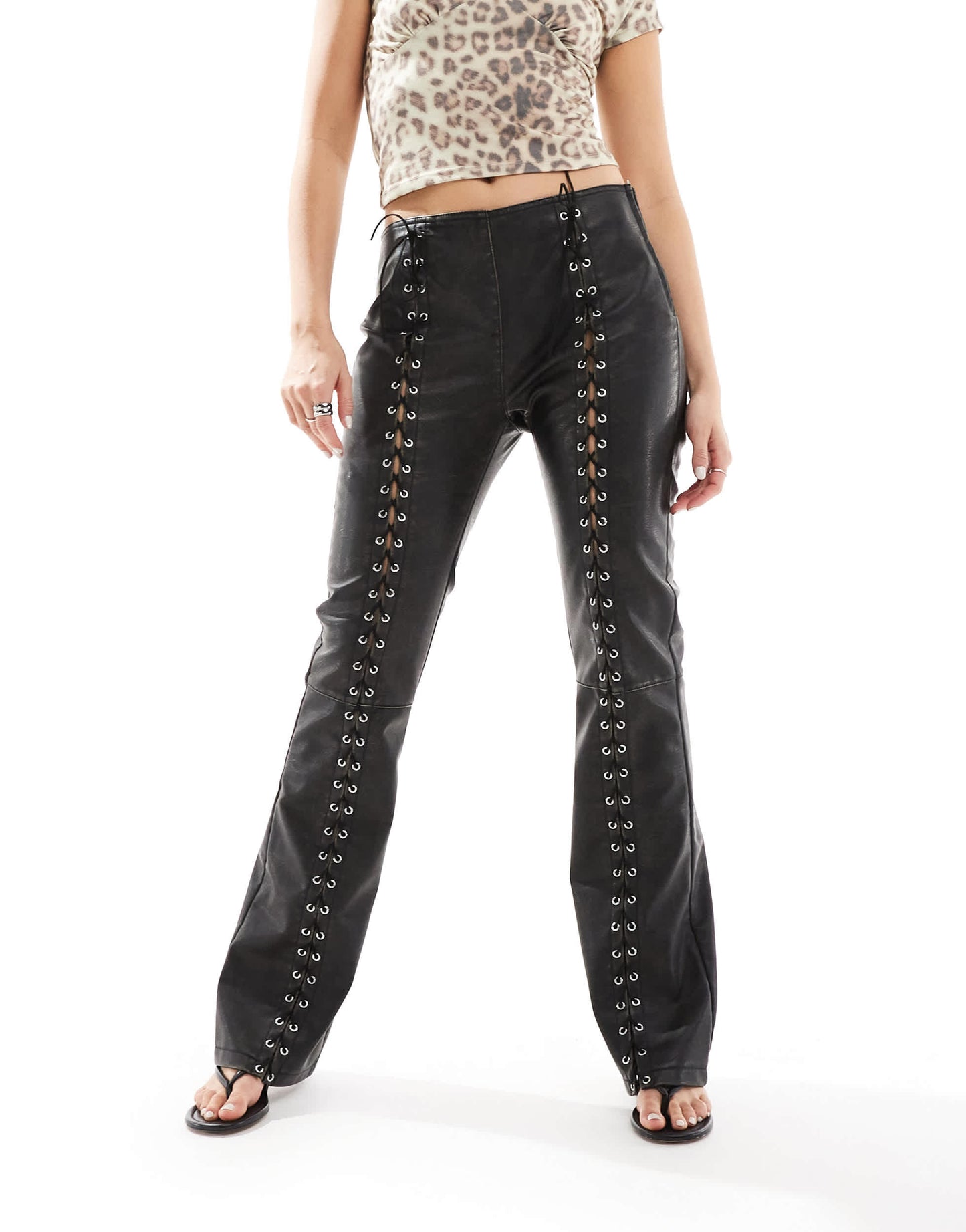 Pull&Bear corset detail faux leather trouser in brown